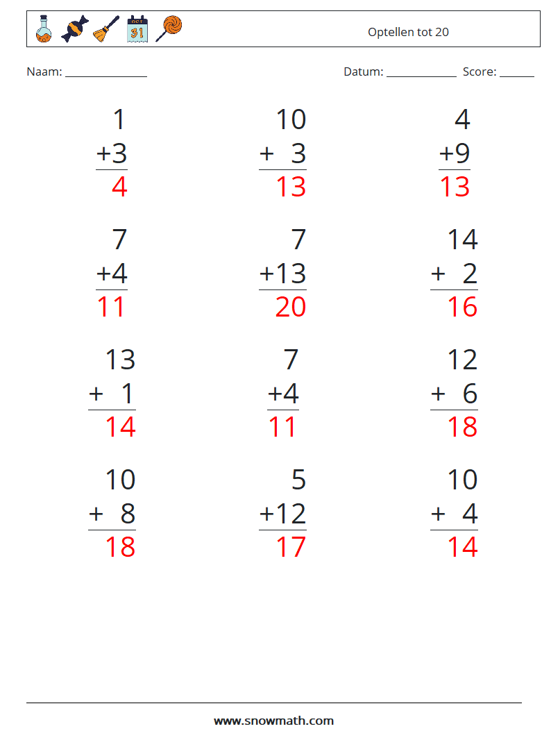 (12) Optellen tot 20 Wiskundige werkbladen 16 Vraag, Antwoord