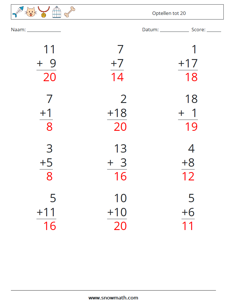 (12) Optellen tot 20 Wiskundige werkbladen 3 Vraag, Antwoord