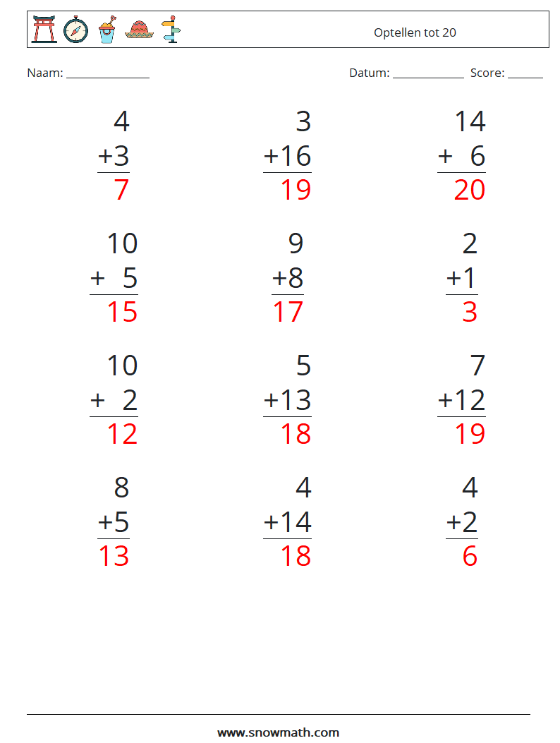 (12) Optellen tot 20 Wiskundige werkbladen 4 Vraag, Antwoord