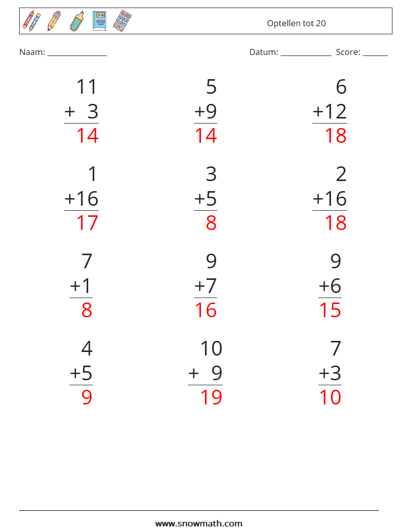 (12) Optellen tot 20 Wiskundige werkbladen 5 Vraag, Antwoord