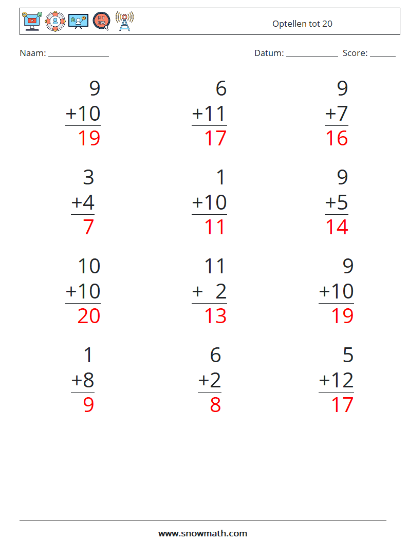 (12) Optellen tot 20 Wiskundige werkbladen 7 Vraag, Antwoord