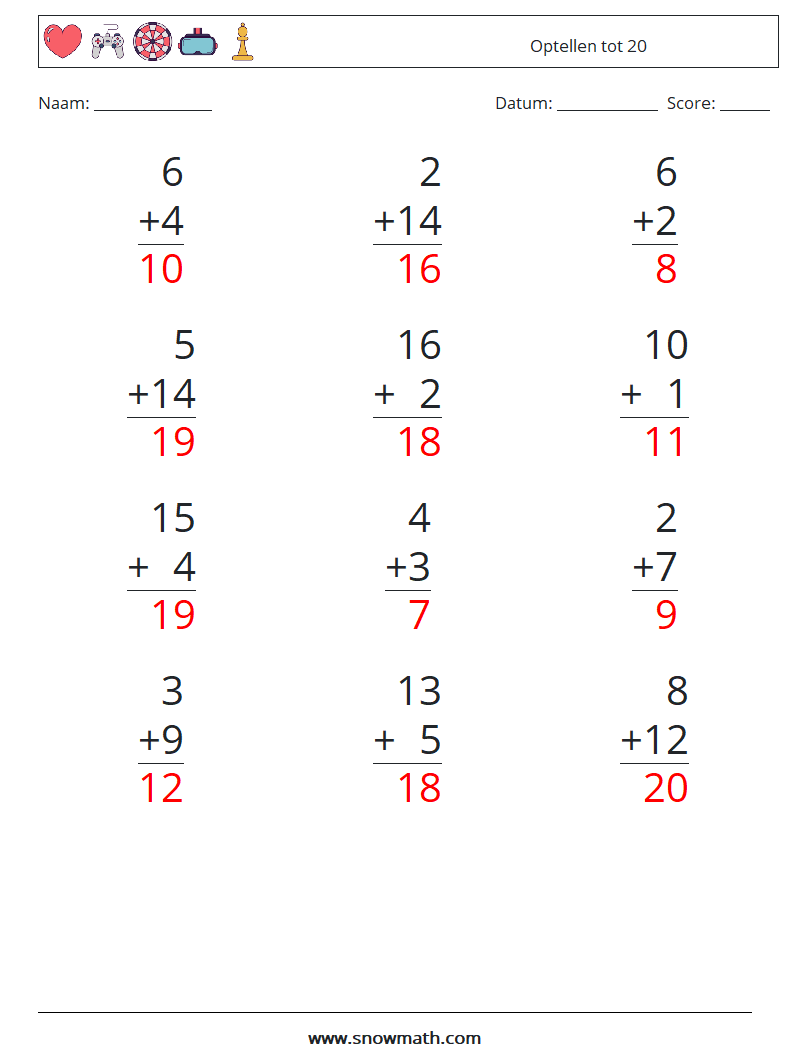 (12) Optellen tot 20 Wiskundige werkbladen 8 Vraag, Antwoord