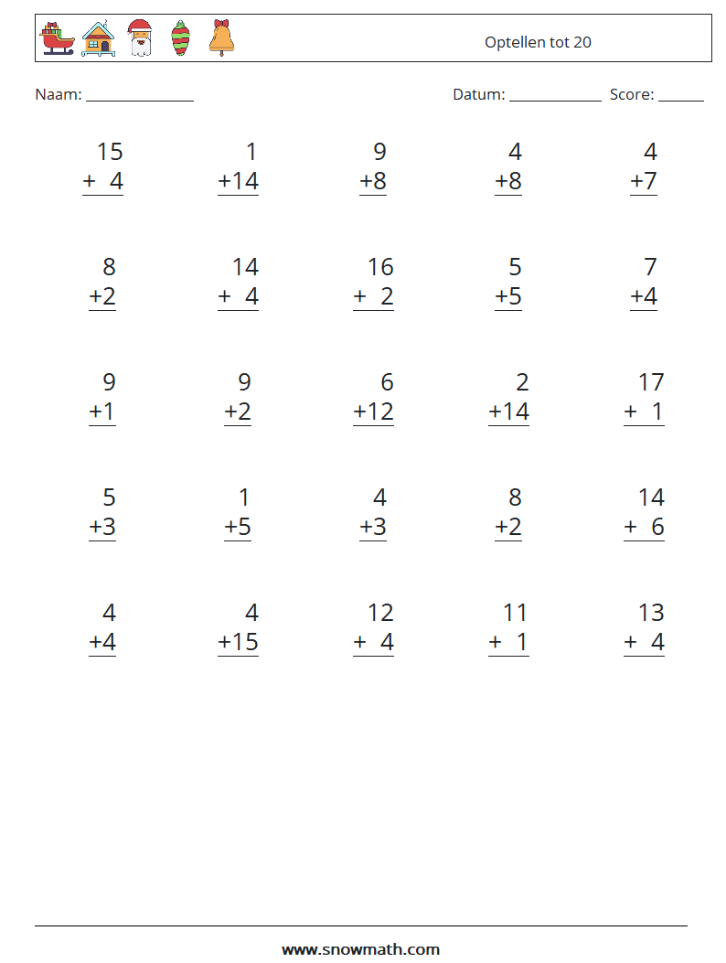 (25) Optellen tot 20 Wiskundige werkbladen 10
