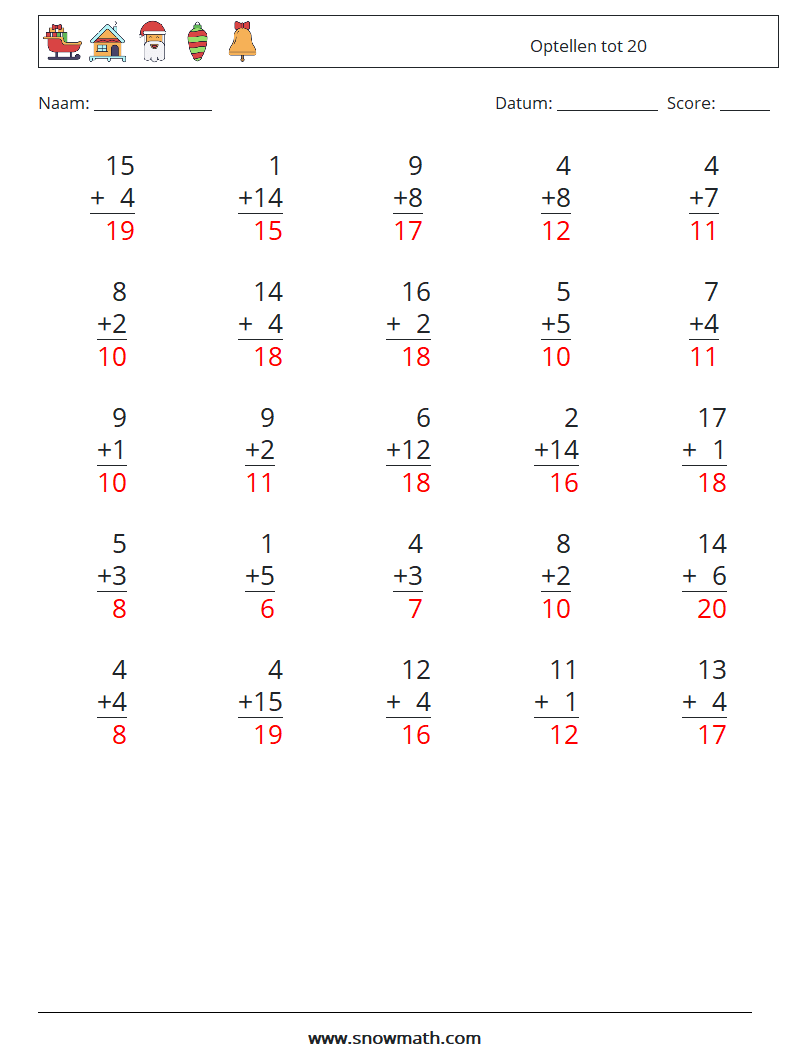 (25) Optellen tot 20 Wiskundige werkbladen 10 Vraag, Antwoord