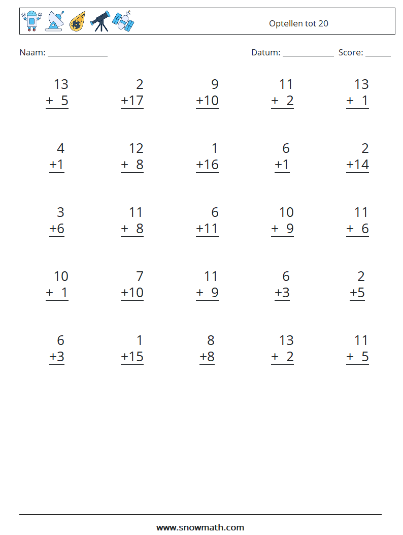 (25) Optellen tot 20 Wiskundige werkbladen 11