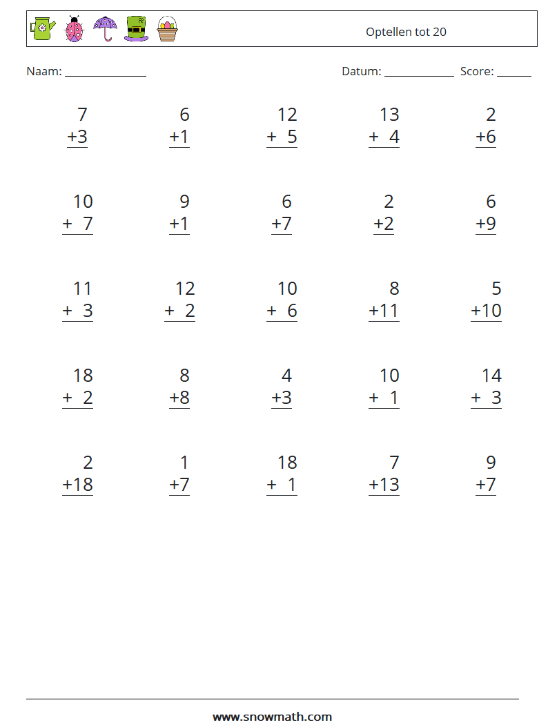 (25) Optellen tot 20 Wiskundige werkbladen 12