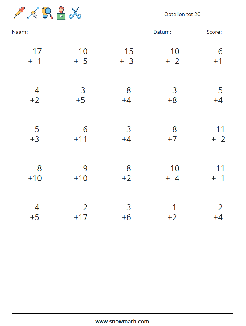 (25) Optellen tot 20 Wiskundige werkbladen 13