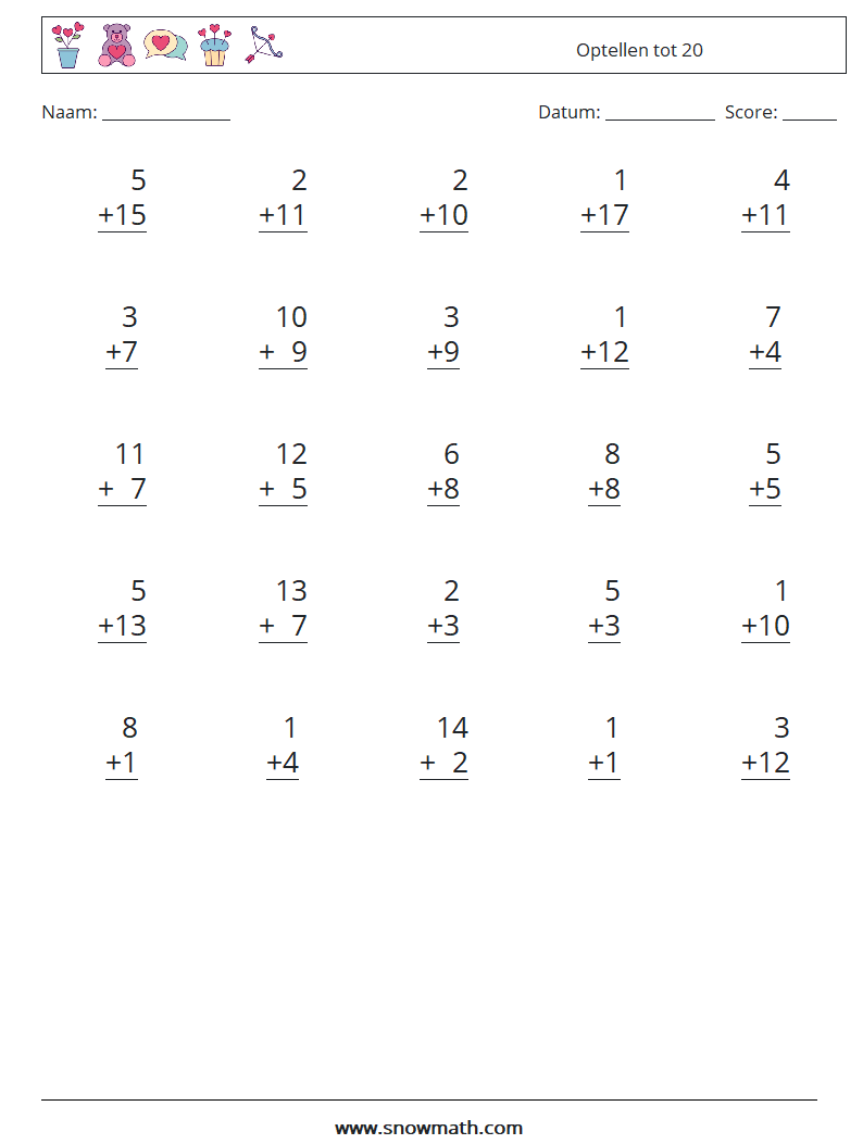 (25) Optellen tot 20 Wiskundige werkbladen 14