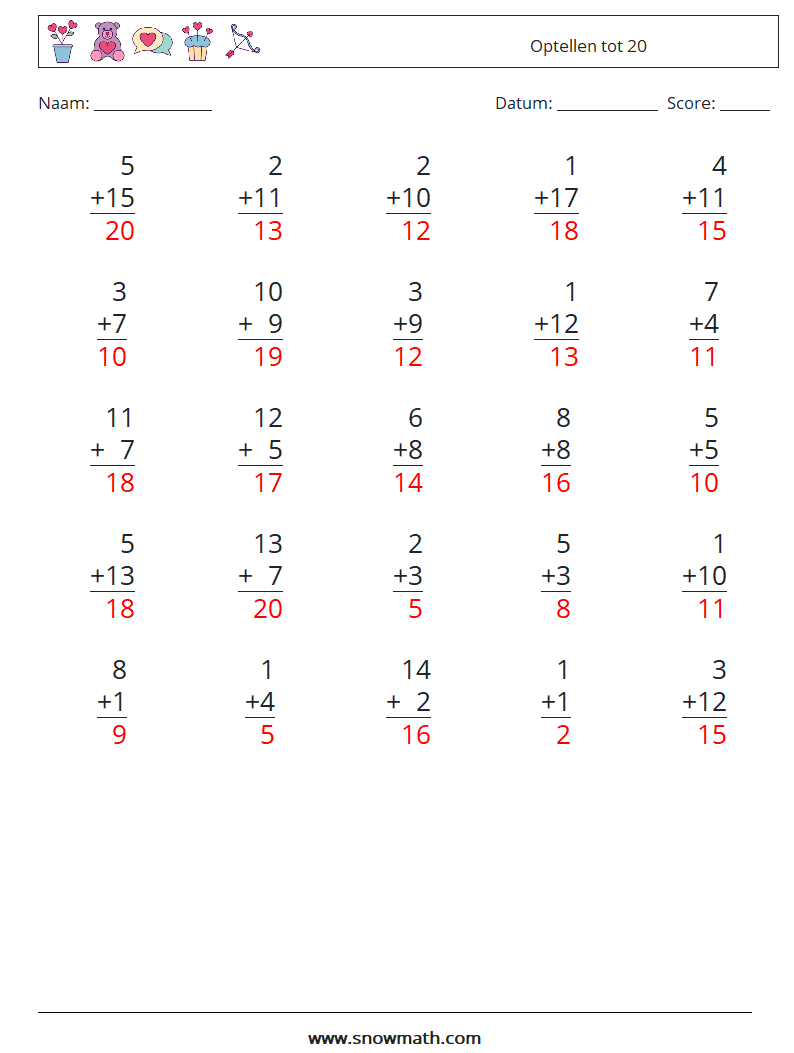 (25) Optellen tot 20 Wiskundige werkbladen 14 Vraag, Antwoord