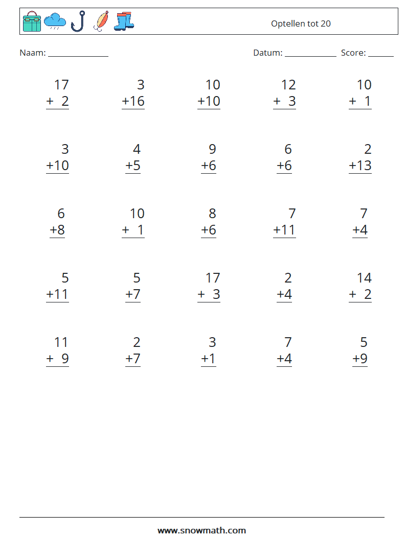 (25) Optellen tot 20 Wiskundige werkbladen 15