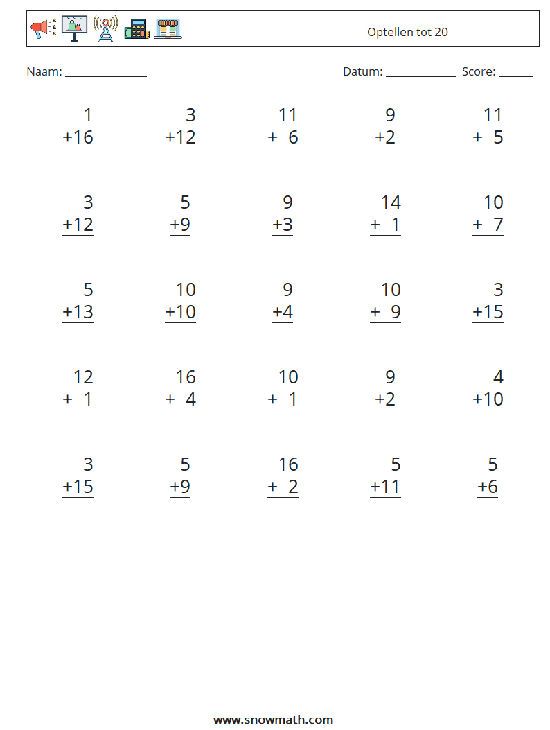 (25) Optellen tot 20 Wiskundige werkbladen 16