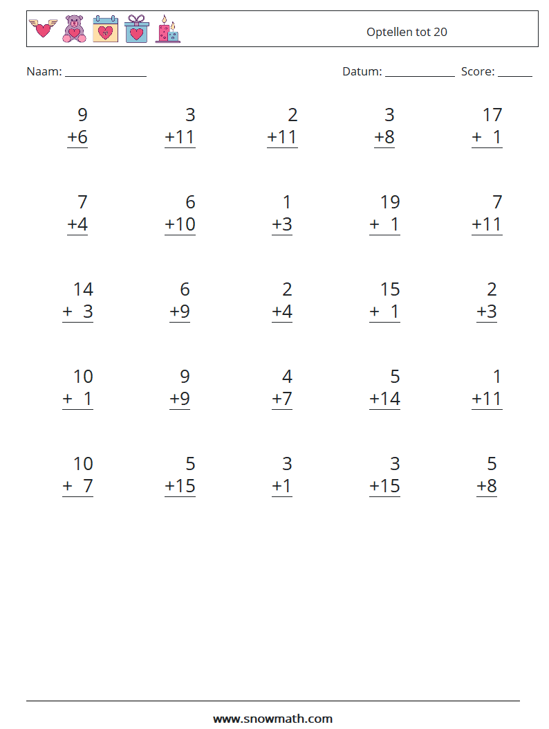 (25) Optellen tot 20 Wiskundige werkbladen 18
