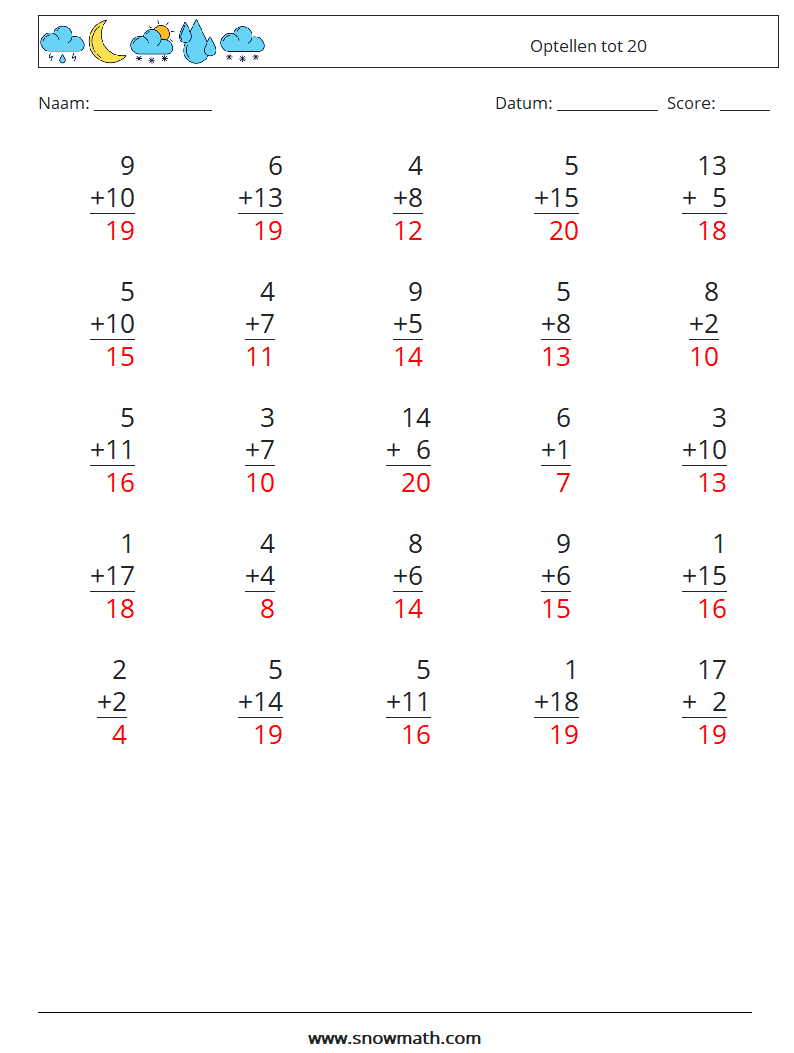 (25) Optellen tot 20 Wiskundige werkbladen 1 Vraag, Antwoord