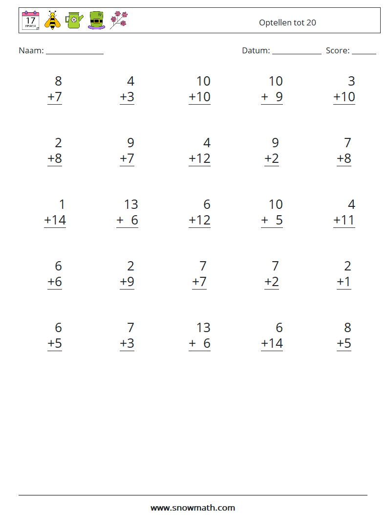 (25) Optellen tot 20 Wiskundige werkbladen 2