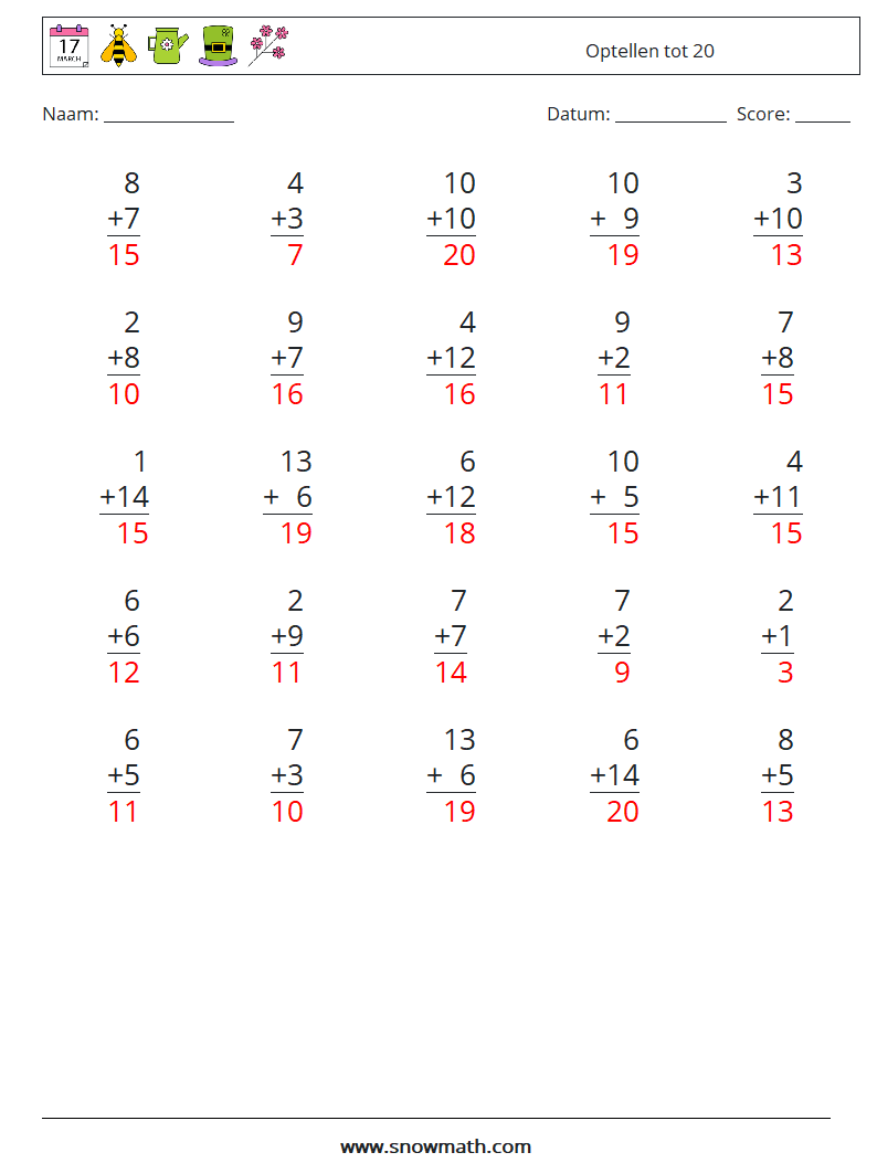 (25) Optellen tot 20 Wiskundige werkbladen 2 Vraag, Antwoord