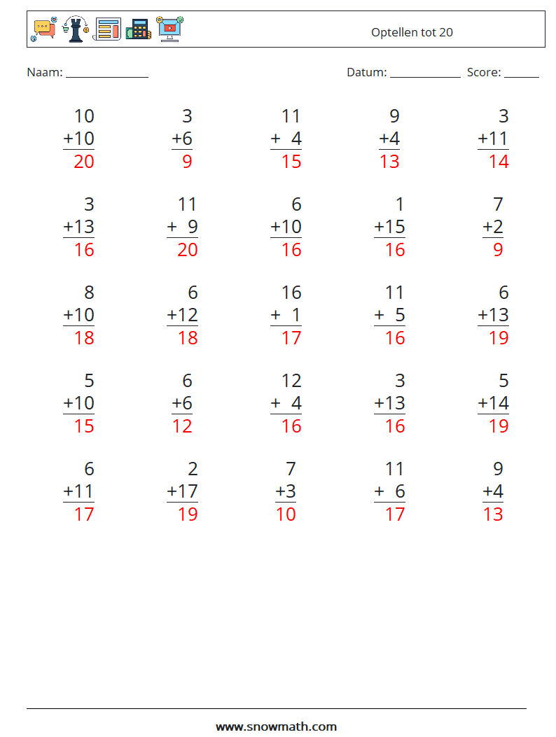 (25) Optellen tot 20 Wiskundige werkbladen 3 Vraag, Antwoord