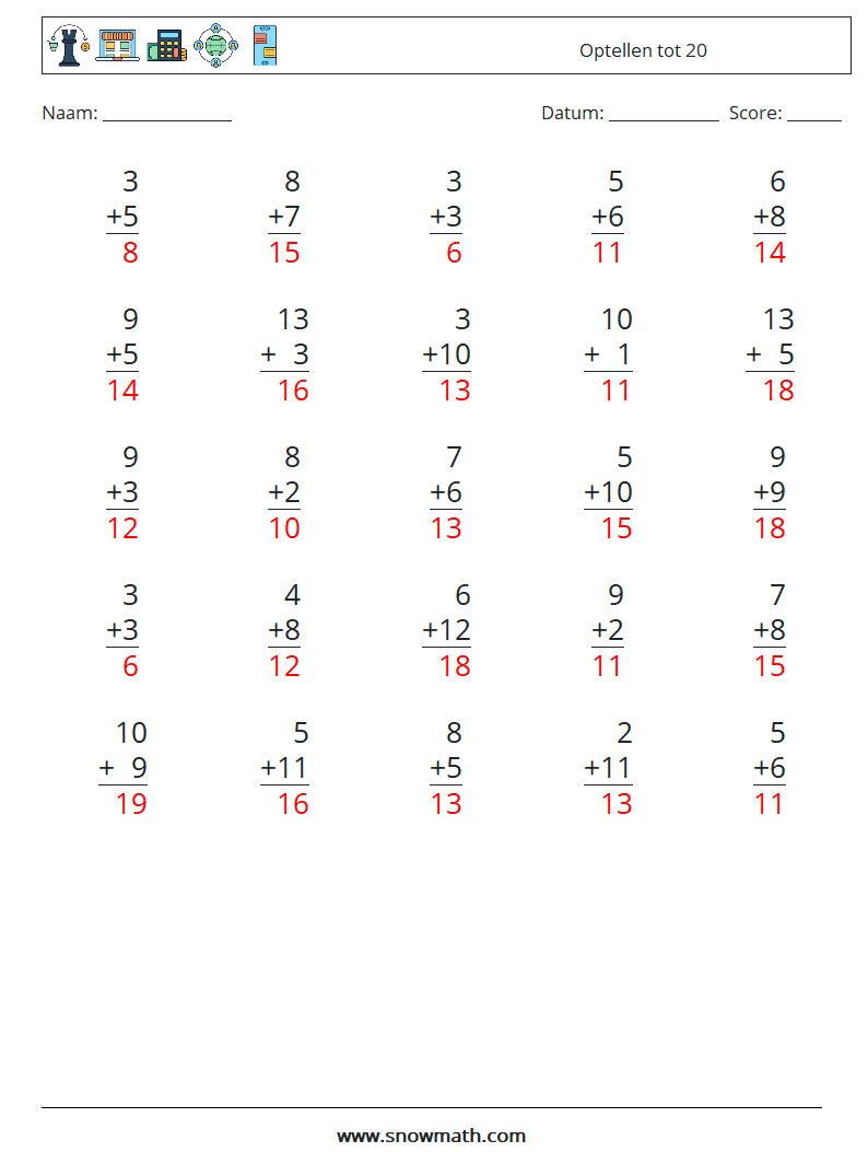 (25) Optellen tot 20 Wiskundige werkbladen 5 Vraag, Antwoord