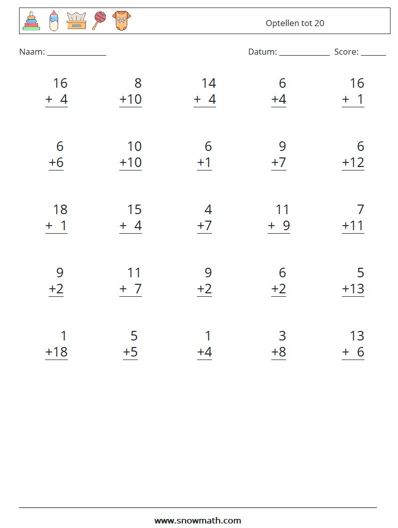 (25) Optellen tot 20 Wiskundige werkbladen 6