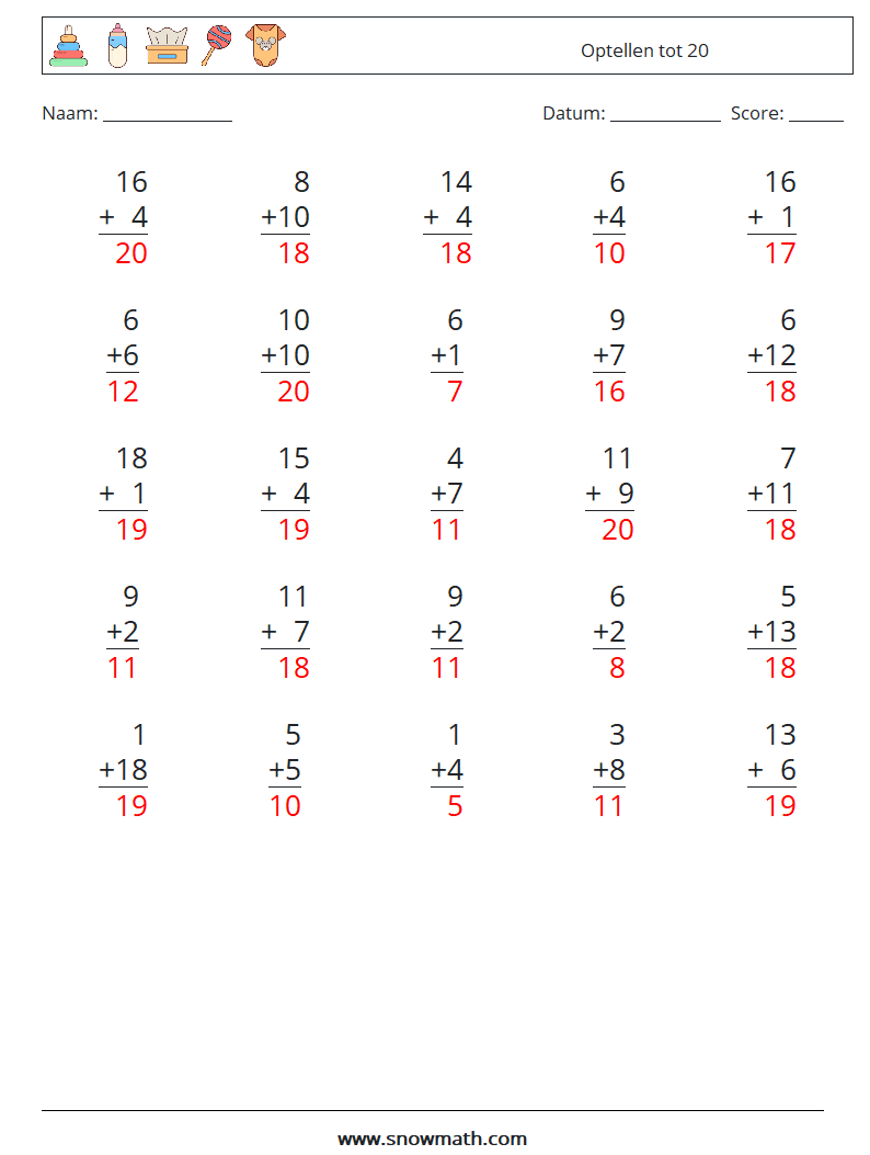 (25) Optellen tot 20 Wiskundige werkbladen 6 Vraag, Antwoord