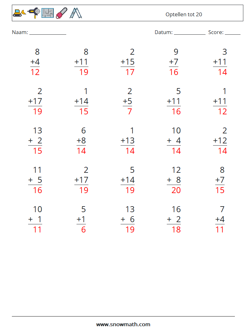 (25) Optellen tot 20 Wiskundige werkbladen 7 Vraag, Antwoord