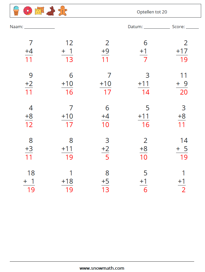 (25) Optellen tot 20 Wiskundige werkbladen 8 Vraag, Antwoord