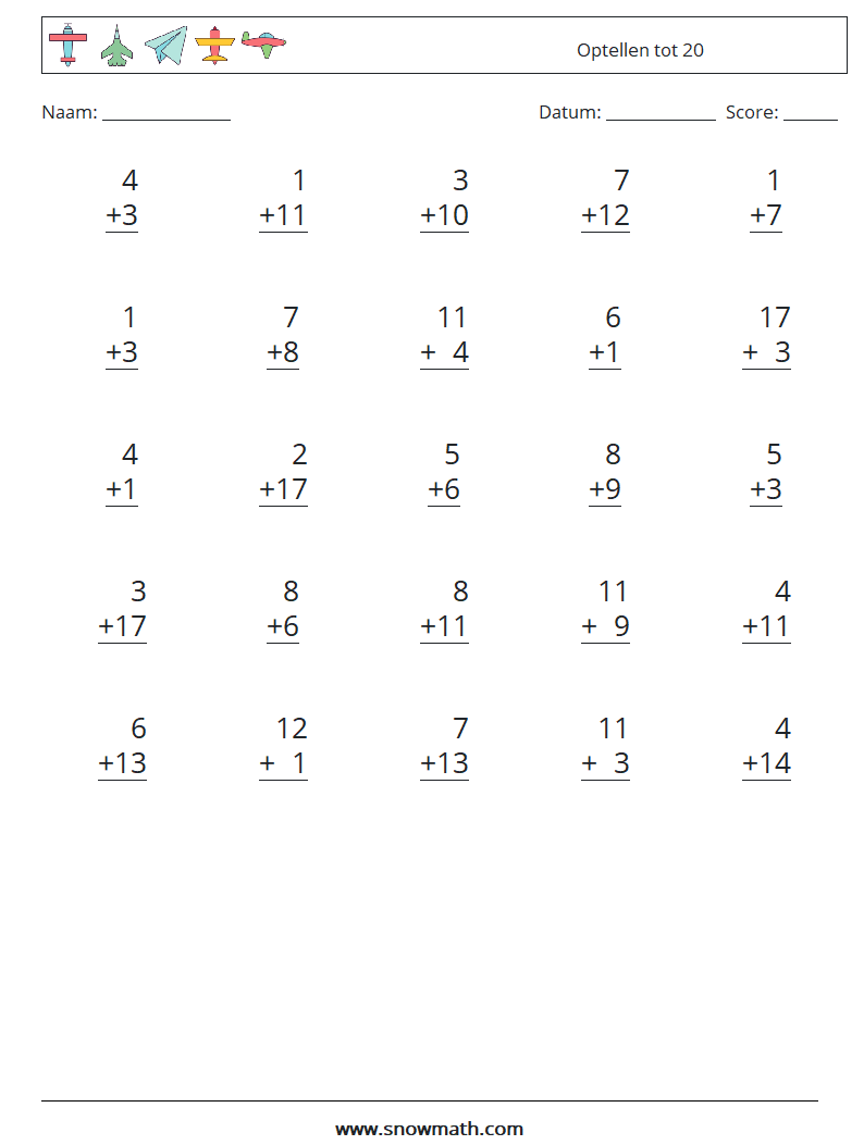 (25) Optellen tot 20 Wiskundige werkbladen 9