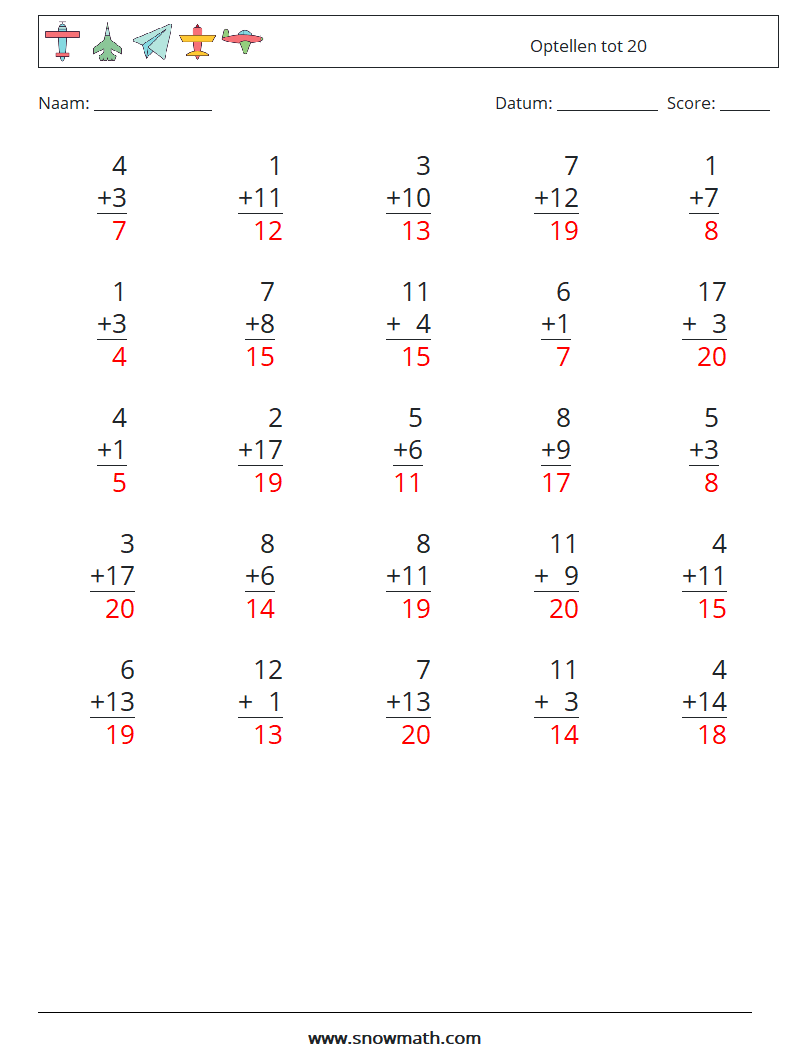 (25) Optellen tot 20 Wiskundige werkbladen 9 Vraag, Antwoord