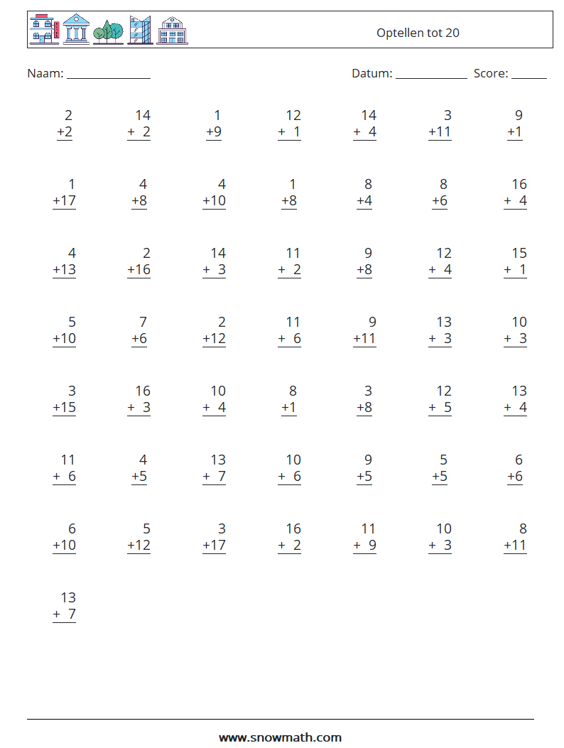 (50) Optellen tot 20 Wiskundige werkbladen 10