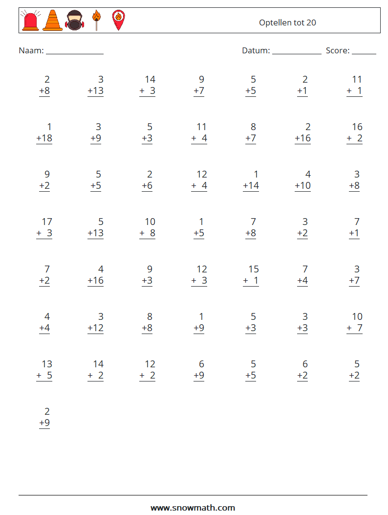 (50) Optellen tot 20 Wiskundige werkbladen 11