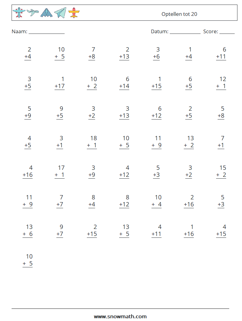 (50) Optellen tot 20 Wiskundige werkbladen 12