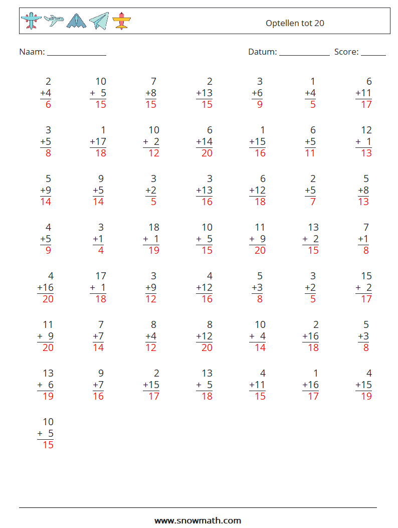 (50) Optellen tot 20 Wiskundige werkbladen 12 Vraag, Antwoord