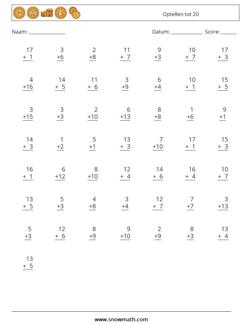 (50) Optellen tot 20 Wiskundige werkbladen 13