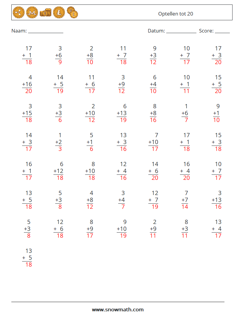 (50) Optellen tot 20 Wiskundige werkbladen 13 Vraag, Antwoord