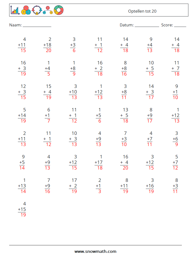 (50) Optellen tot 20 Wiskundige werkbladen 14 Vraag, Antwoord