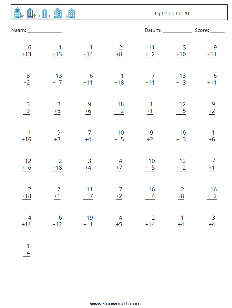 (50) Optellen tot 20 Wiskundige werkbladen 15