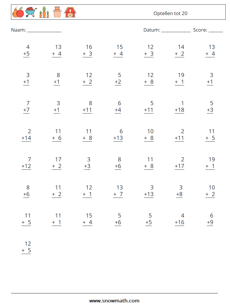 (50) Optellen tot 20 Wiskundige werkbladen 16