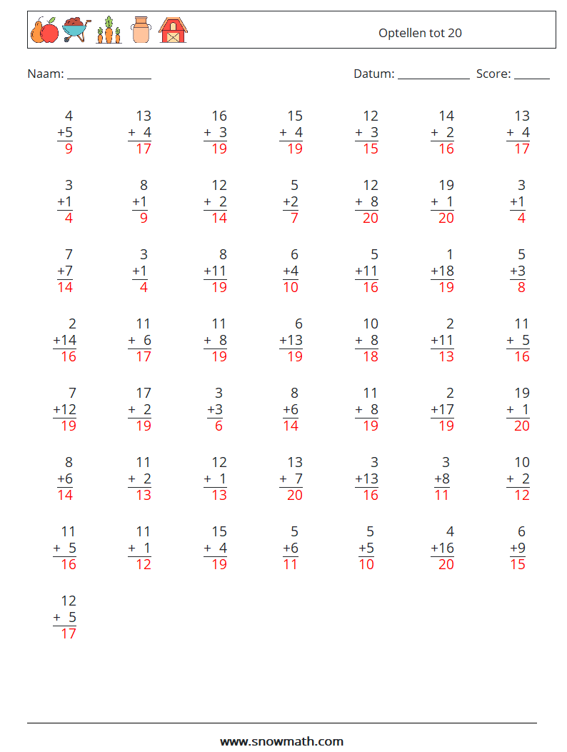 (50) Optellen tot 20 Wiskundige werkbladen 16 Vraag, Antwoord