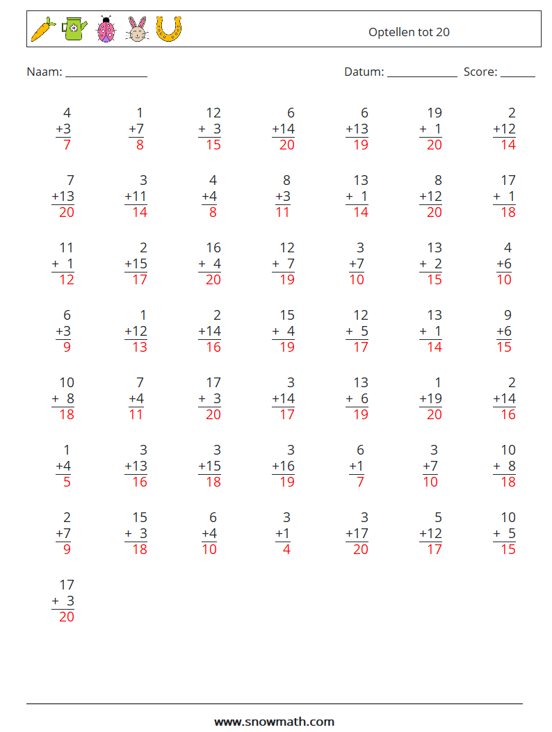 (50) Optellen tot 20 Wiskundige werkbladen 18 Vraag, Antwoord