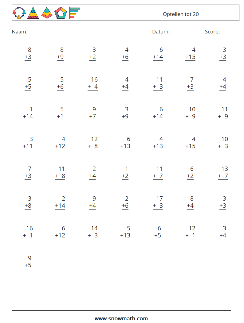 (50) Optellen tot 20 Wiskundige werkbladen 3