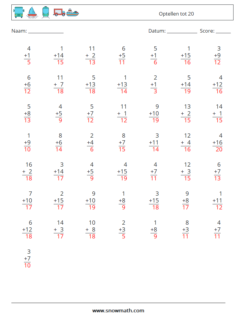 (50) Optellen tot 20 Wiskundige werkbladen 4 Vraag, Antwoord