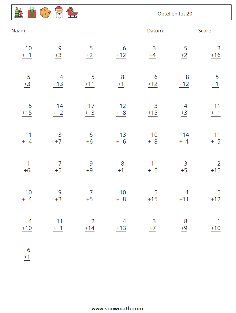 (50) Optellen tot 20 Wiskundige werkbladen 5