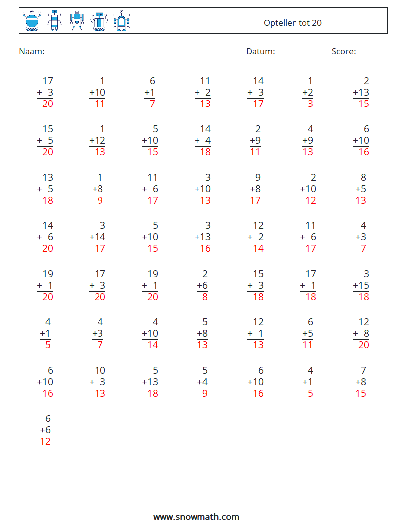 (50) Optellen tot 20 Wiskundige werkbladen 6 Vraag, Antwoord