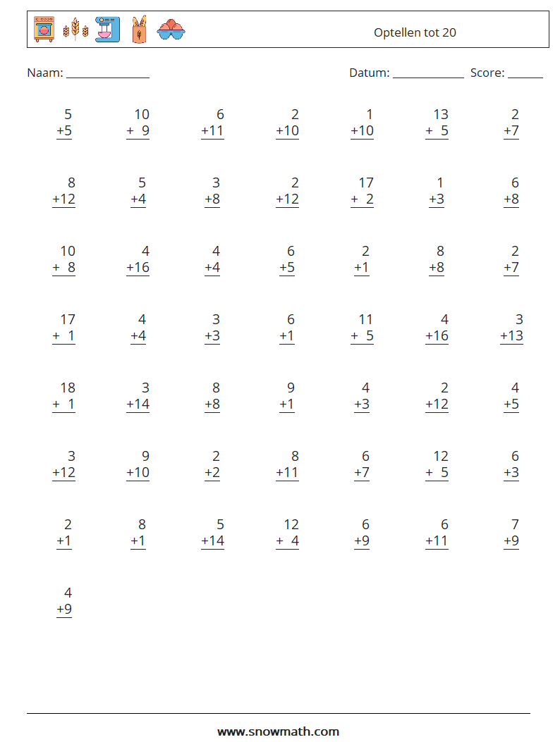 (50) Optellen tot 20 Wiskundige werkbladen 8