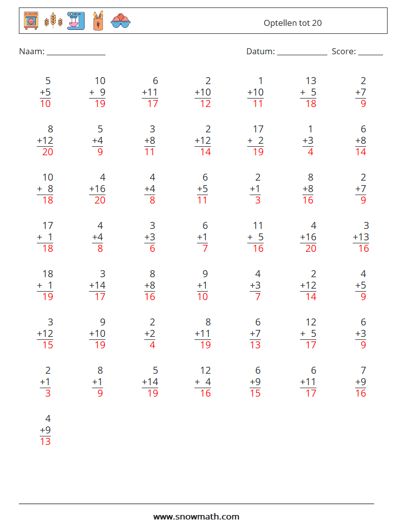 (50) Optellen tot 20 Wiskundige werkbladen 8 Vraag, Antwoord