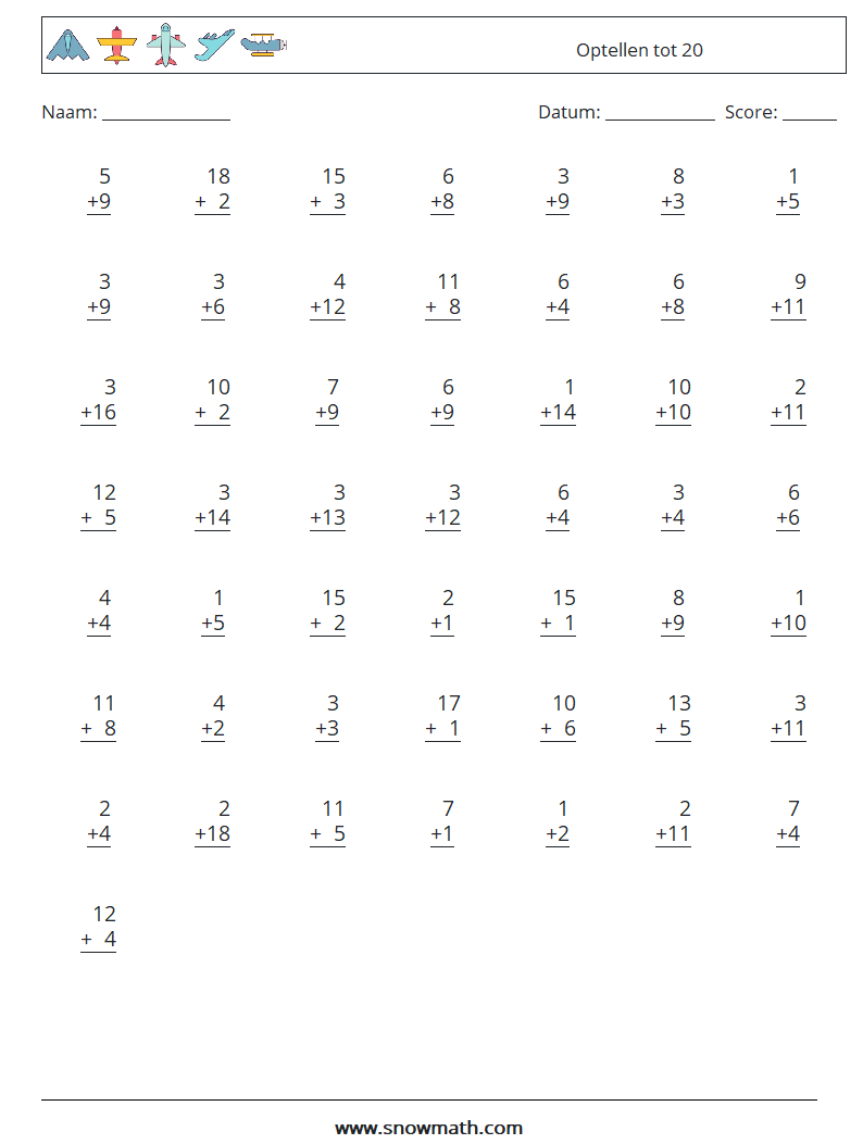 (50) Optellen tot 20 Wiskundige werkbladen 9