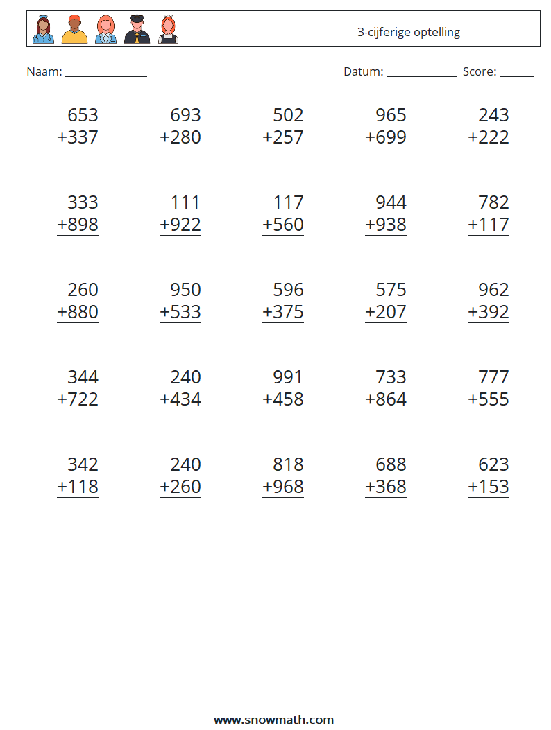 (25) 3-cijferige optelling Wiskundige werkbladen 1