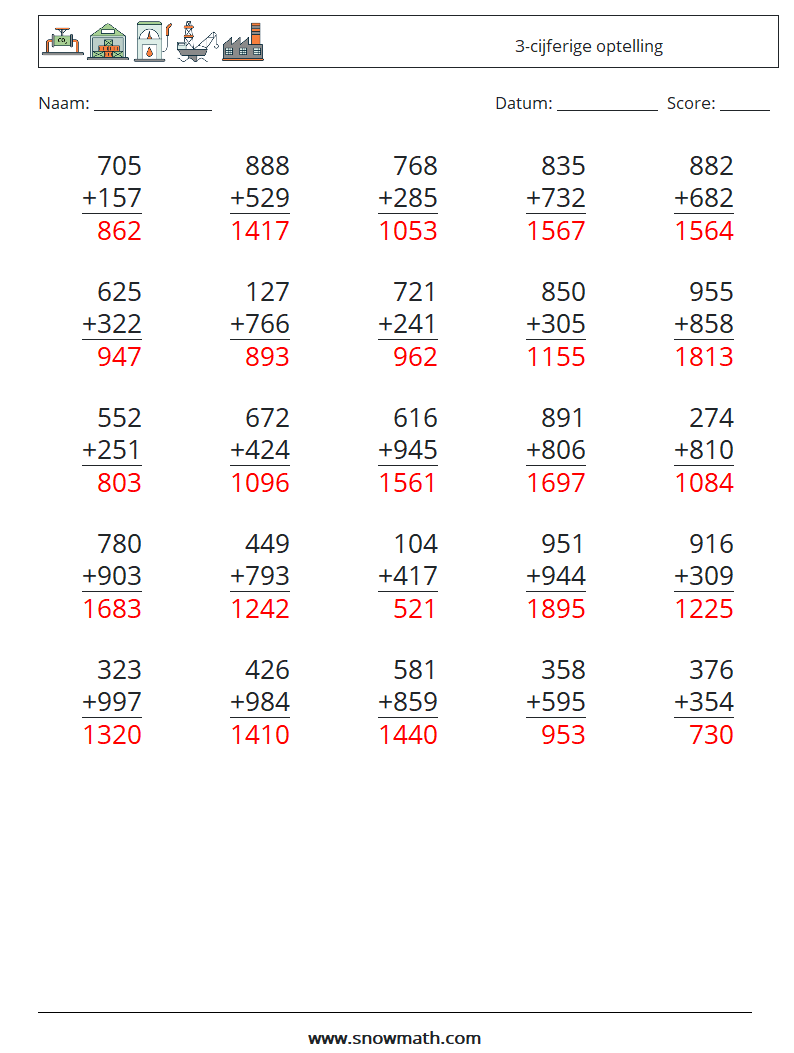 (25) 3-cijferige optelling Wiskundige werkbladen 13 Vraag, Antwoord