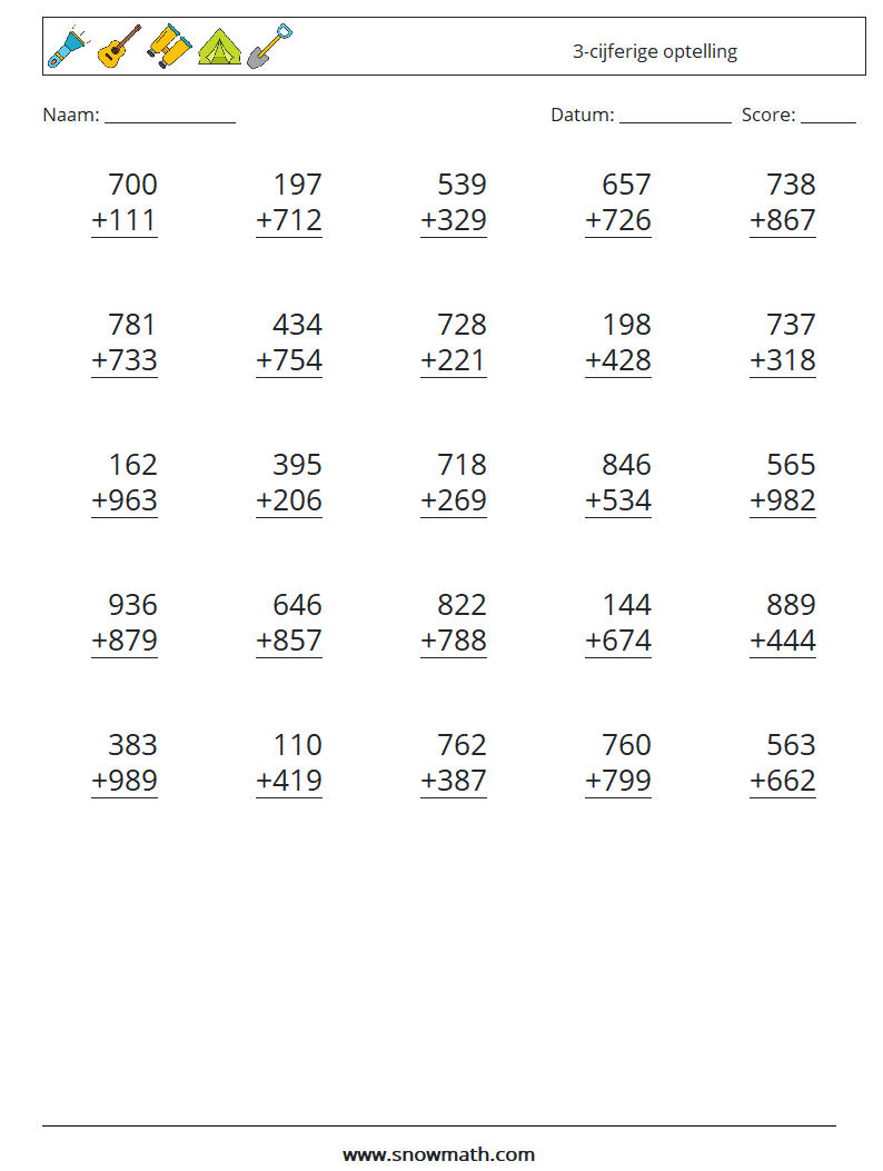 (25) 3-cijferige optelling Wiskundige werkbladen 14