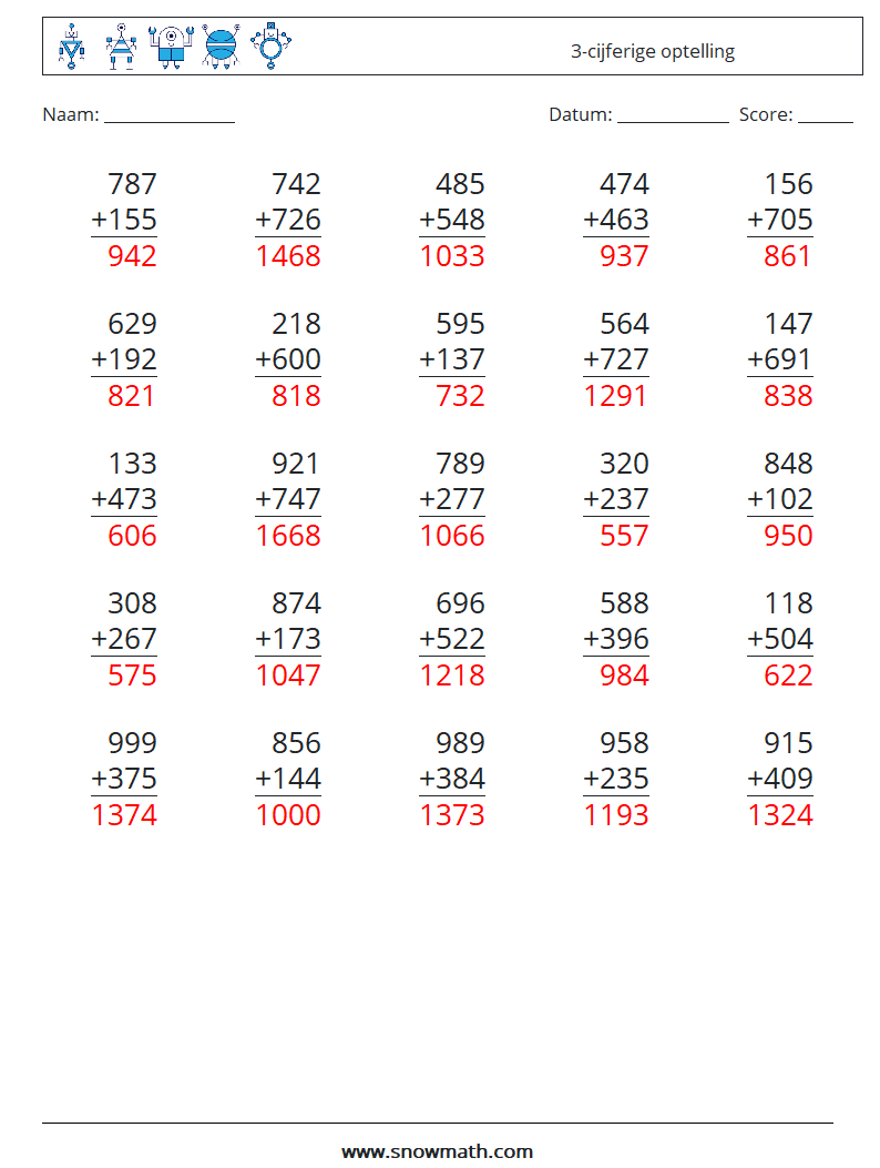 (25) 3-cijferige optelling Wiskundige werkbladen 15 Vraag, Antwoord