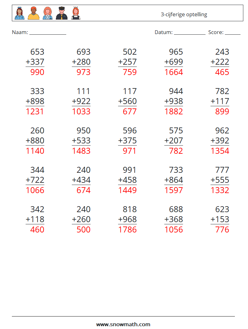 (25) 3-cijferige optelling Wiskundige werkbladen 1 Vraag, Antwoord